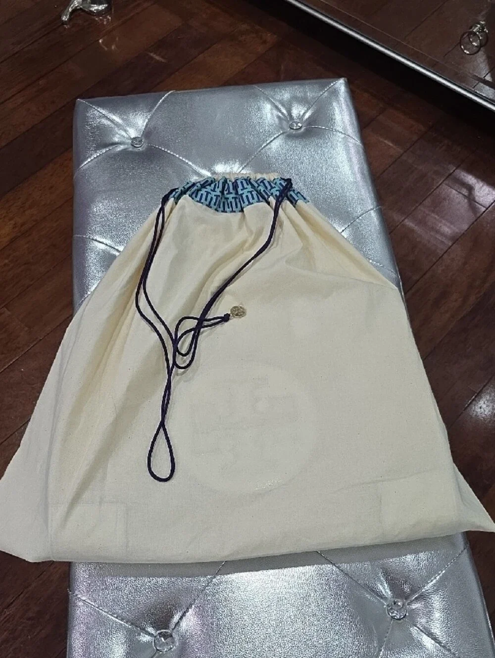 Tory Burch Cream Canvas Tote with Silver Logo and Trim